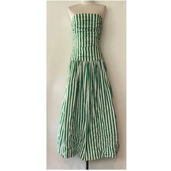 NEW RHODE SELMA STRAPLESS FIT & FLARE DRESS IN GREEN CAROCAO STRIPE SZ 4 - Picture 2 of 8